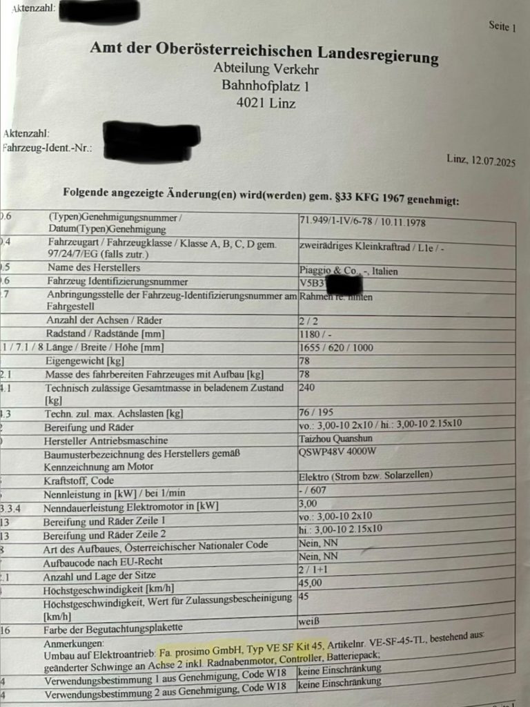 Offizieller Genehmigungsbescheid Elektroumbau Vespa 50 Special, Amt der OÖ Landesregierung Linz 2025