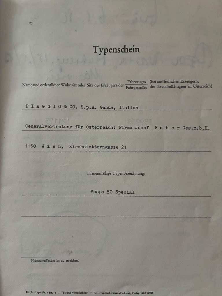 Originaler Typenschein Vespa 50 Special, Piaggio & Co. S.p.A. Genua, Österreich-Vertretung Josef Faber Wien
