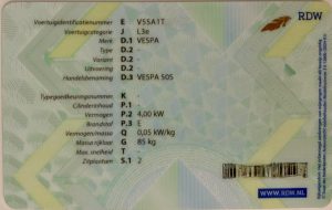 certificat d'enregistrement néerlandais pour E-Vespa